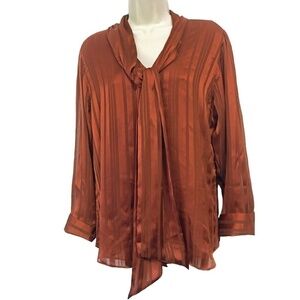 CHICO'S Terracotta Shadow Stripe Satin with Scarf Tie Buttons Top Blouse NWOT